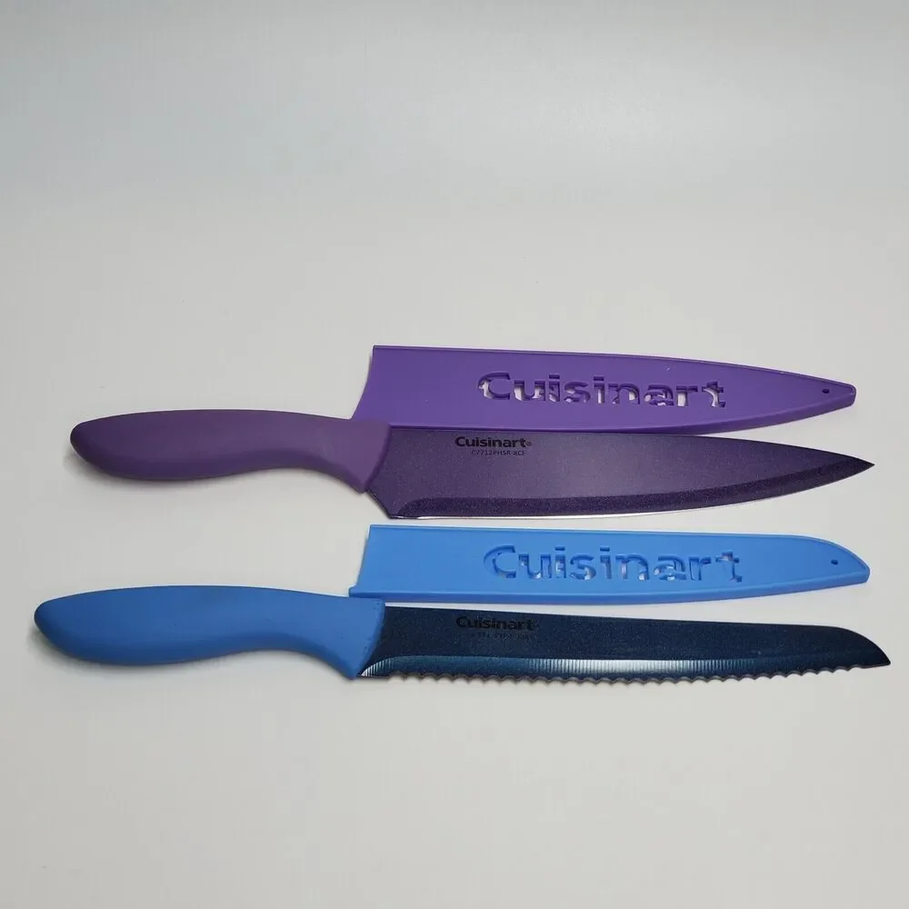 Cuisinart 2pc Knife‎ Set Purple 8in Slicing Blue 7.5in Serrated with Guards